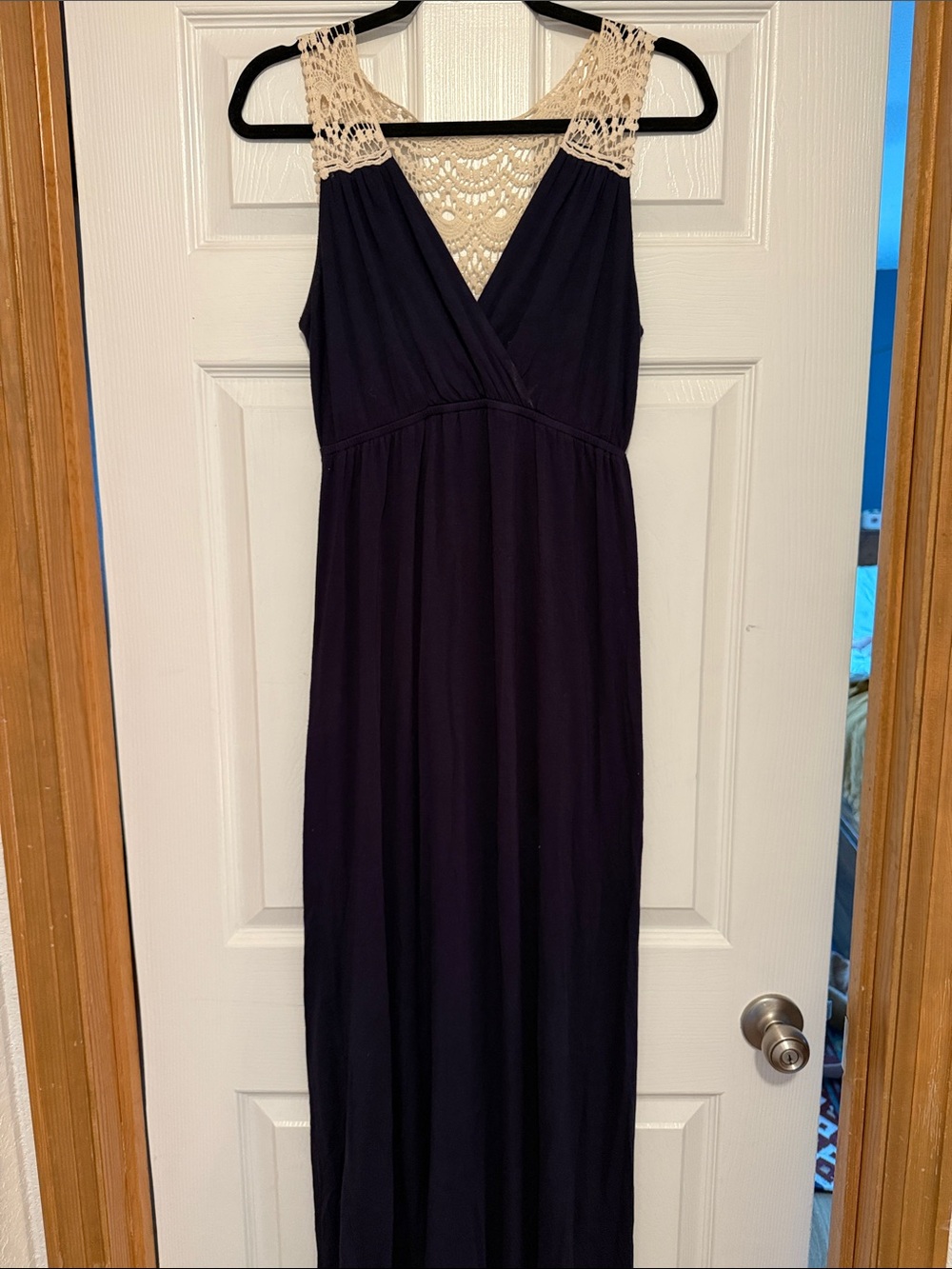 Motherhood maternity Sleeveless Navy Maxi Dress with Cream Crochet Yoke